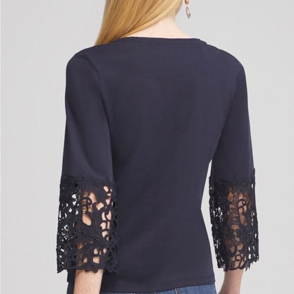 Chico’s SZ 0 Navy Blue Lace Appliqué Top - Picture 2 of 13